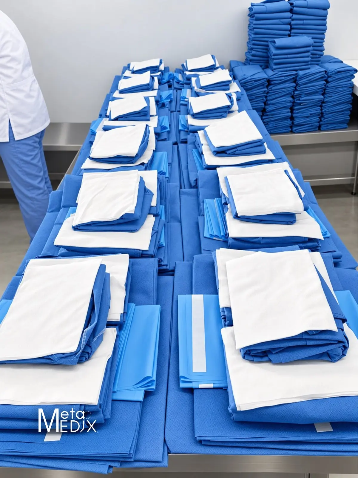 Las piezas azules y blancas de los paquetes, ordenadas sobre las mesas de trabajo