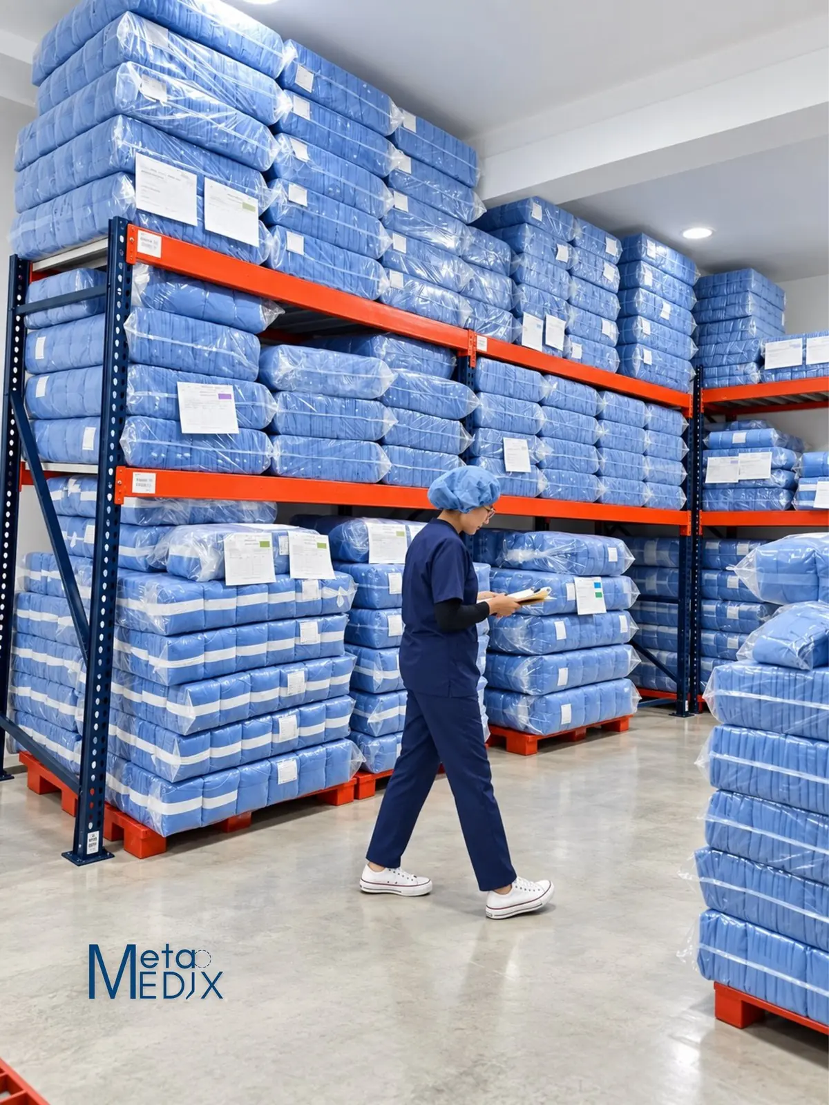 El almacén de la planta: los estantes con los paquetes azules y una operaria que revisa el inventario