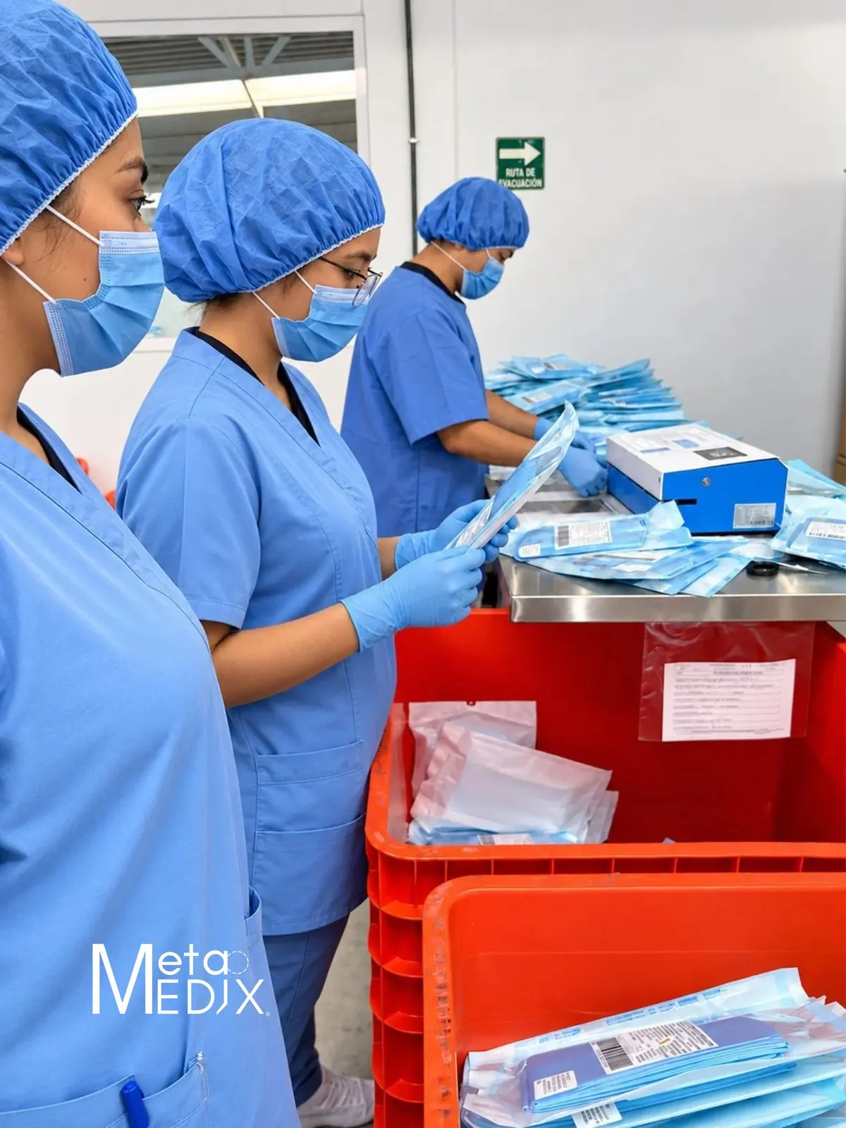 Tres personas del equipo, con gorro y cubrebocas, empacan los productos en sus bolsas, junto a las cajas rojas
