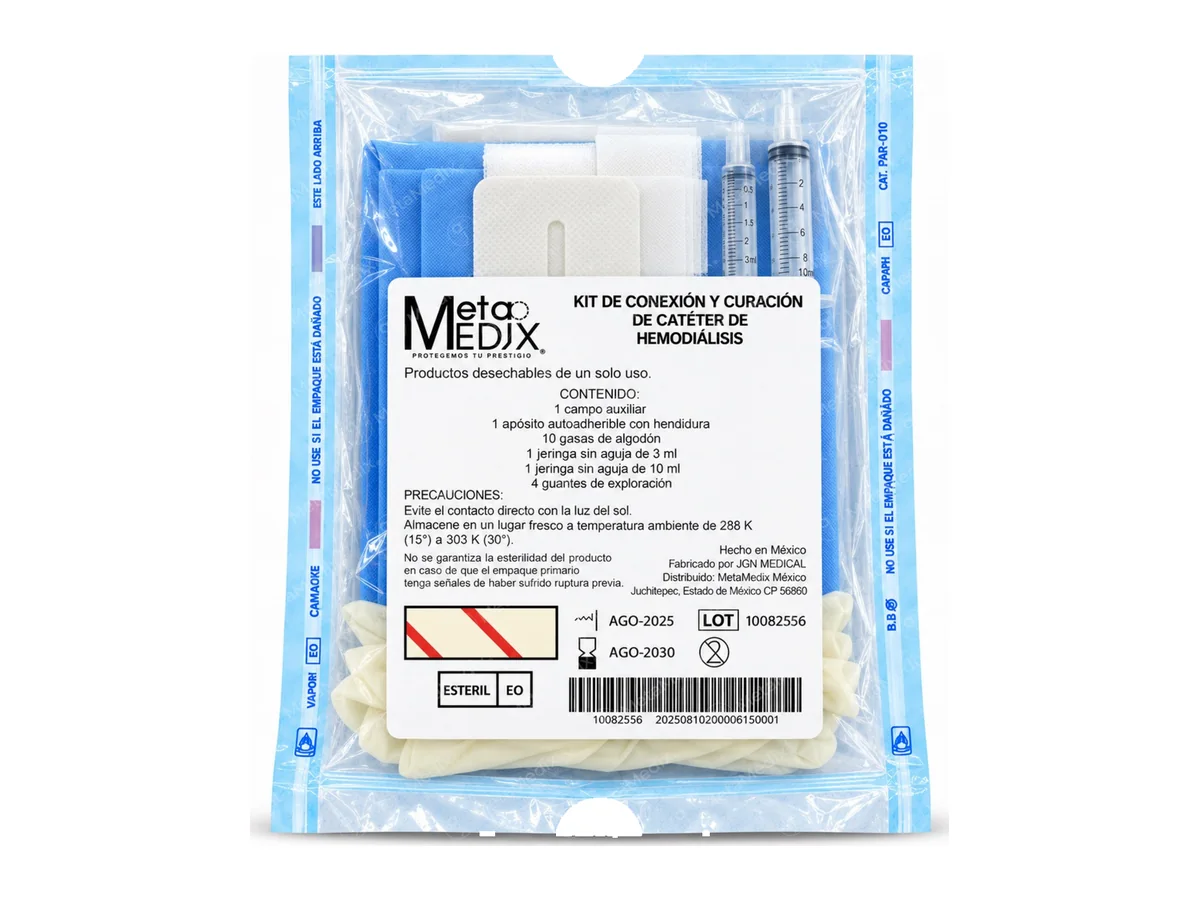 El kit de conexión y curación de catéter de hemodiálisis en su bolsa, con la etiqueta de MetaMedix