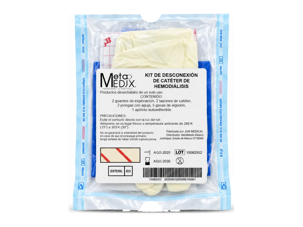 El kit de desconexión de catéter de hemodiálisis en su bolsa, con la etiqueta de MetaMedix