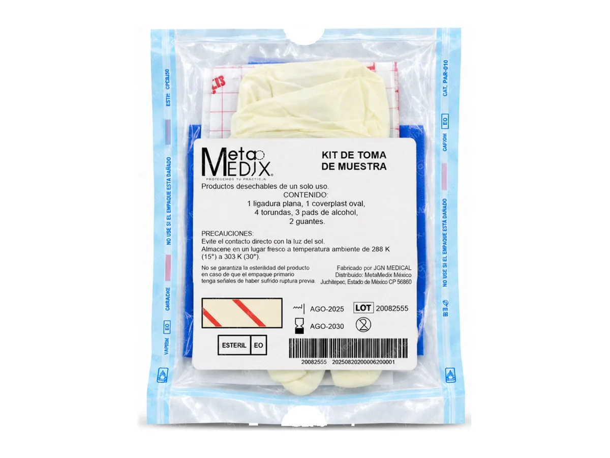 El kit de toma de muestra en su bolsa, con la etiqueta de MetaMedix