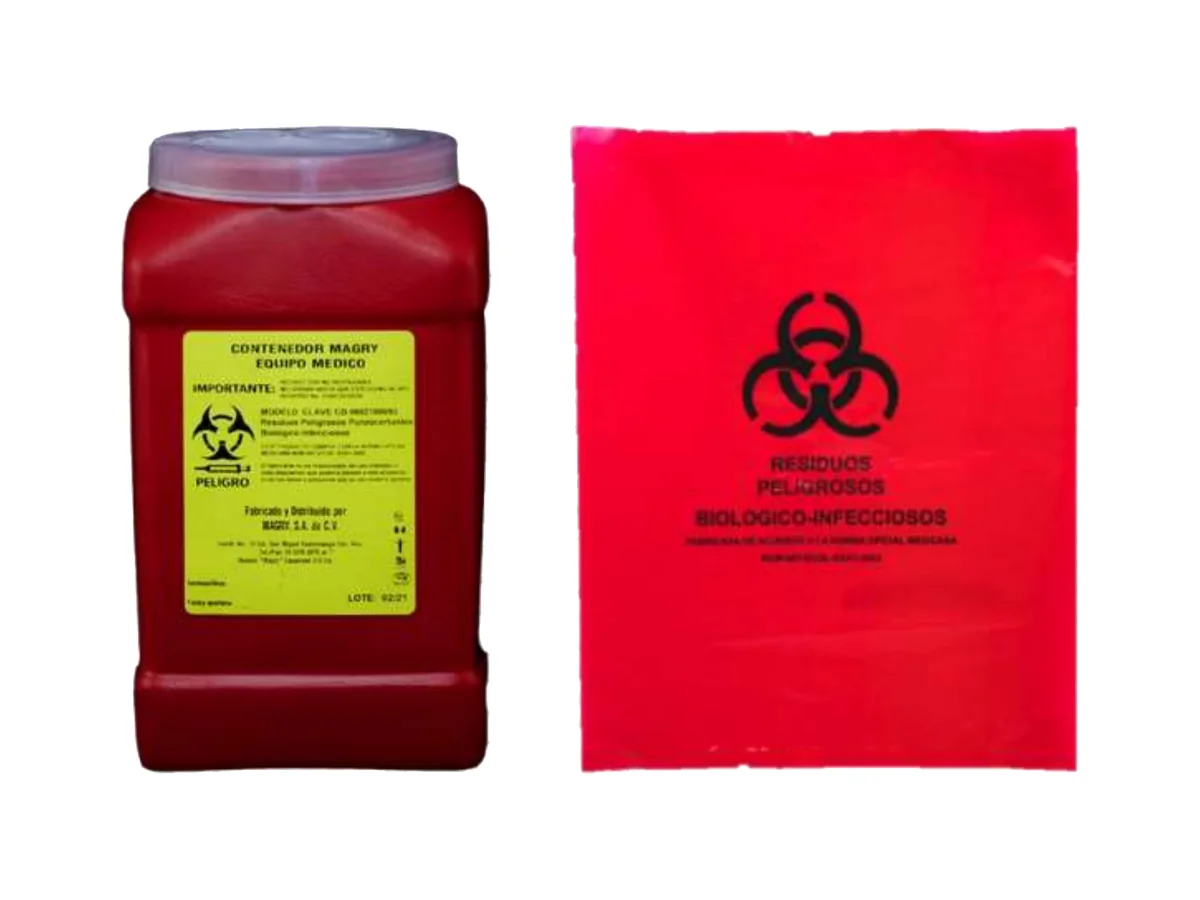 Un contenedor rojo para punzocortantes y una bolsa roja para RPBI con el símbolo de riesgo biológico
